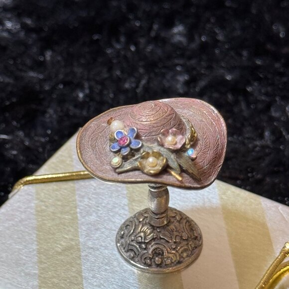 Sweet Romance Miniature Metal Hat Trinket Holder With Floral Vintage Style - Picture 2 of 5